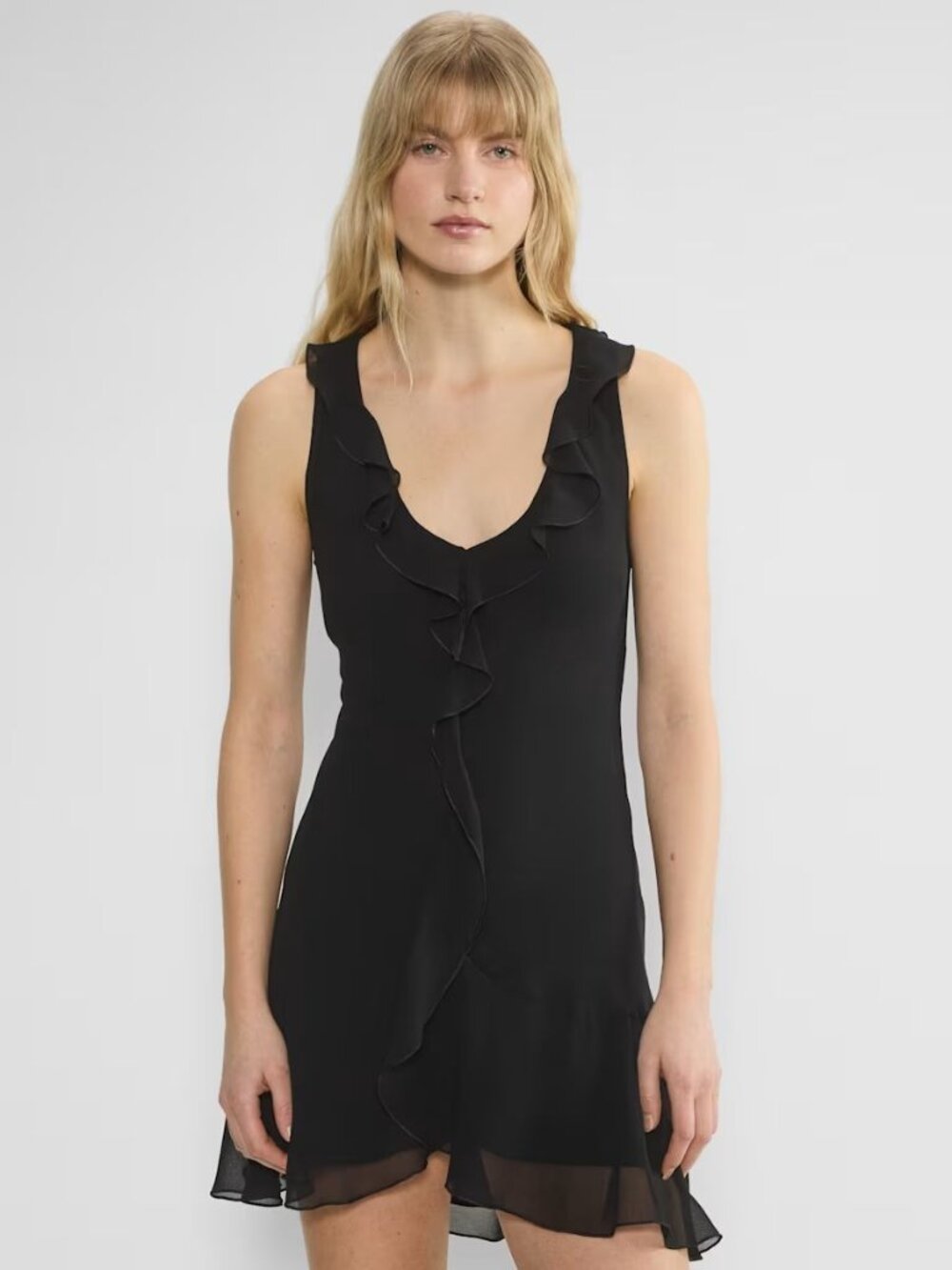 Aritzia Wilfred Hera Ruffle Chiffon Mini Dress V-Neck Sleeveless Black